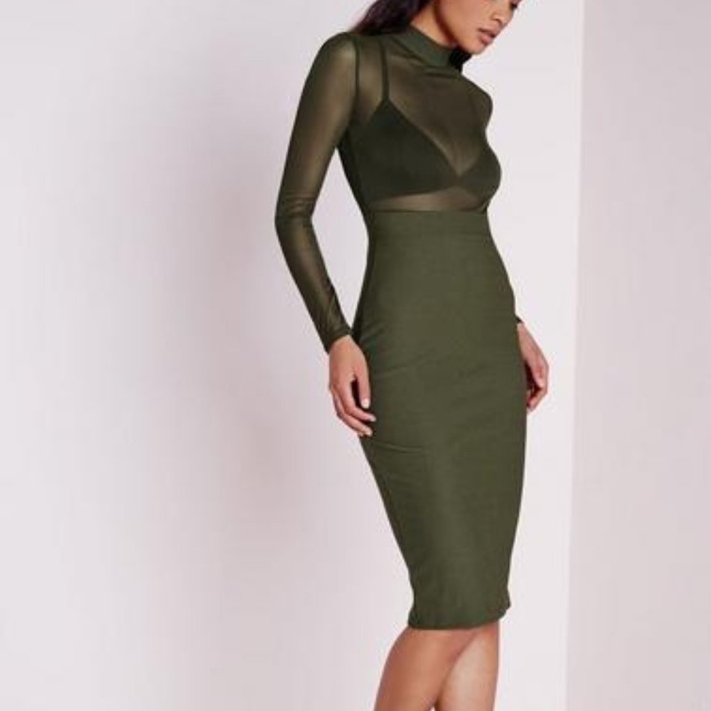 long sleeve mesh top midi dress khaki